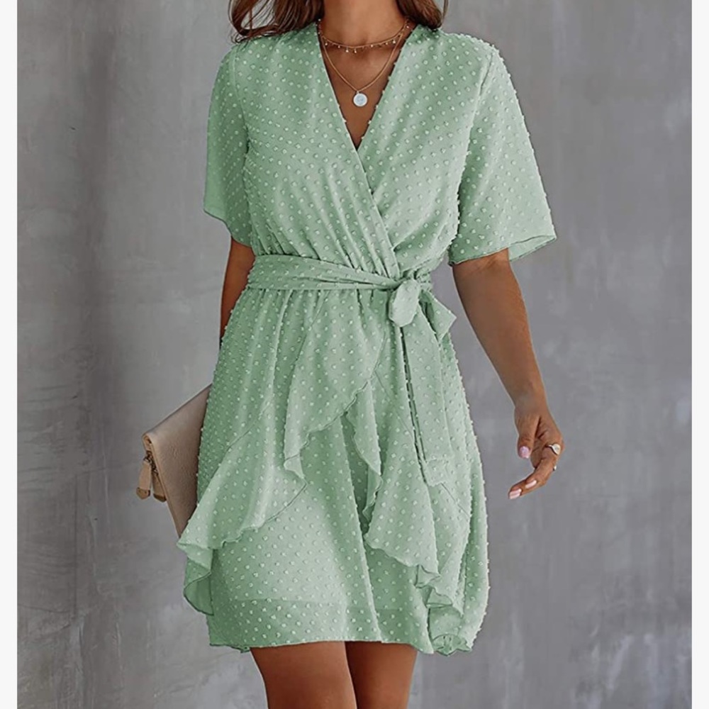 Faux Wrap Swiss Dot V-Neck Ruffle Dress